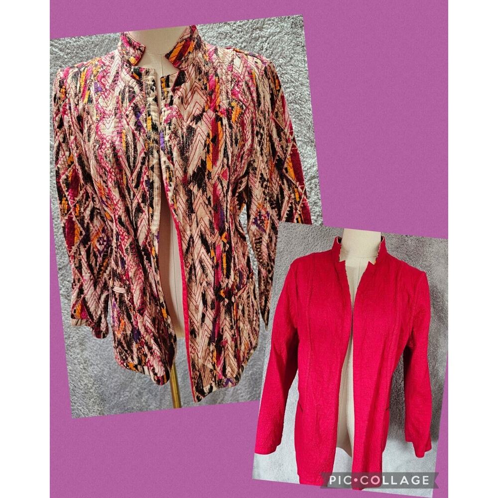 Chicos Jacket Size 1 Reversible Abstract Southwestern‎ Quilted Pockets Pink Med